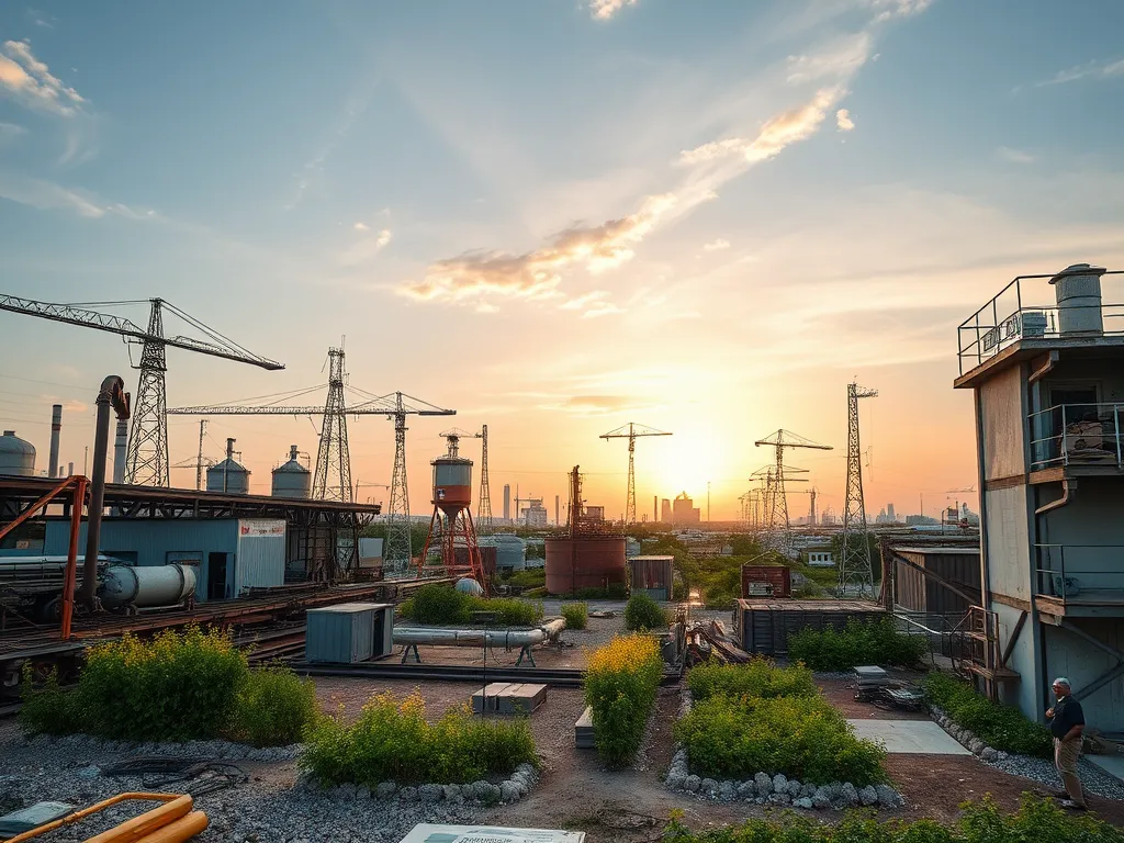 A scenic view of an asphalt path leading through an industrial area, highlighting the practicality and durability of asphalt walkways.