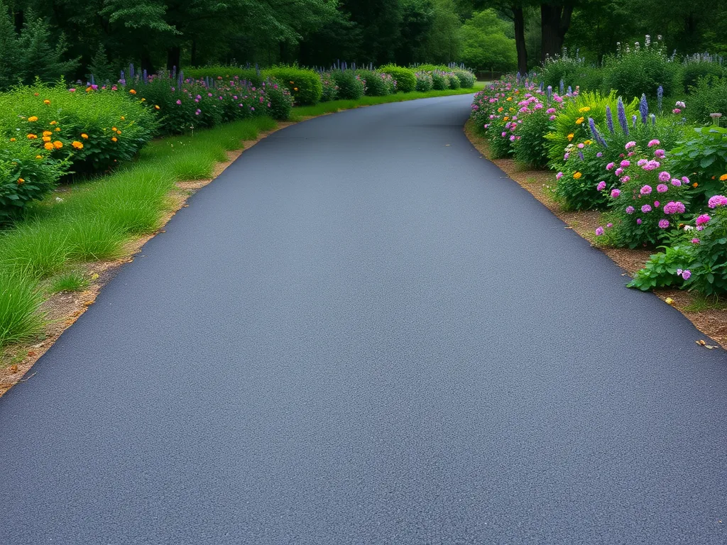 Well-maintained asphalt path surrounded by colorful flowers and greenery, emphasizing maintenance tips for asphalt paths.