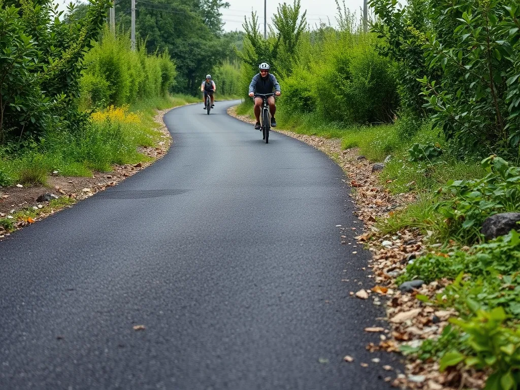 Cyclists riding on smooth asphalt paths surrounded by greenery, showcasing the benefits of durable walkways