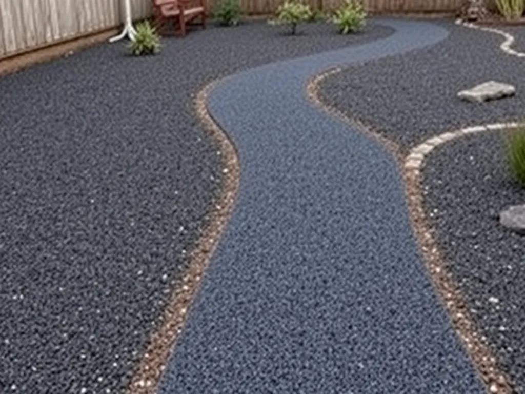 A newly installed asphalt pathway winding through a garden area
