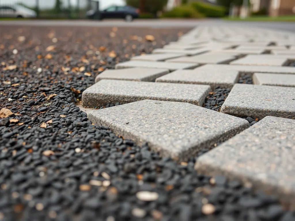 Close-up view of asphalt pathway installation process showing black asphalt and concrete slabs.