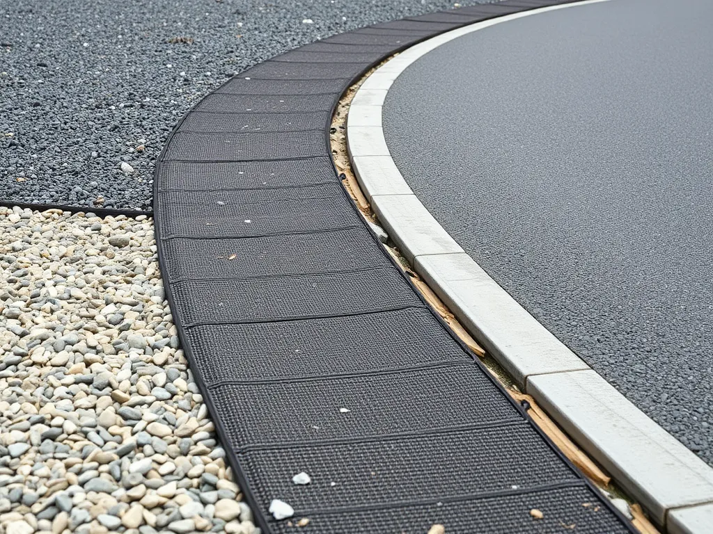 Close-up view of asphalt pathway installation showcasing a curved edge with gravel and concrete border.