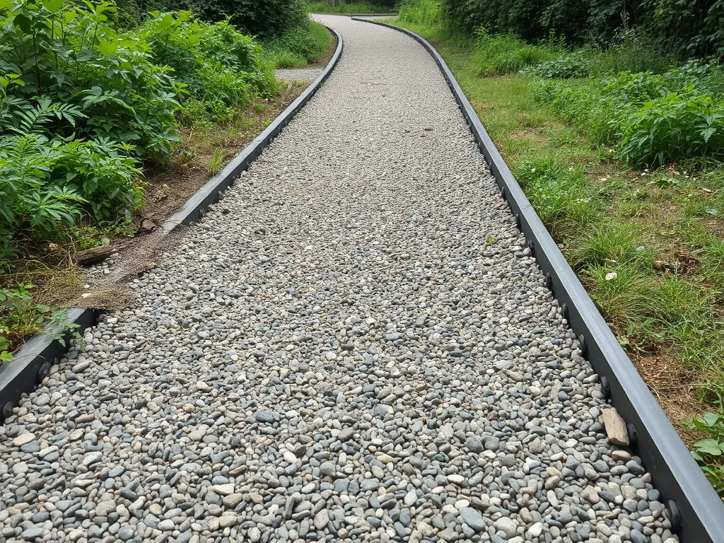 A newly installed asphalt pathway surrounded by greenery, showing the gravel base preparation.