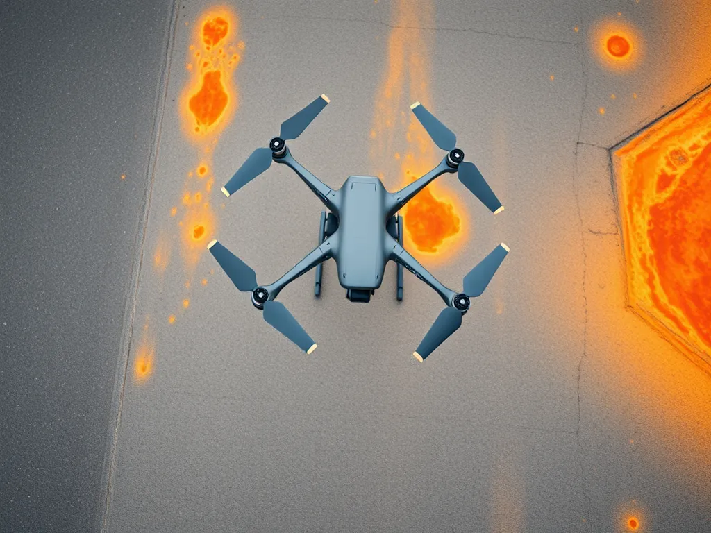 Drone performing thermal performance monitoring of asphalt pavements.