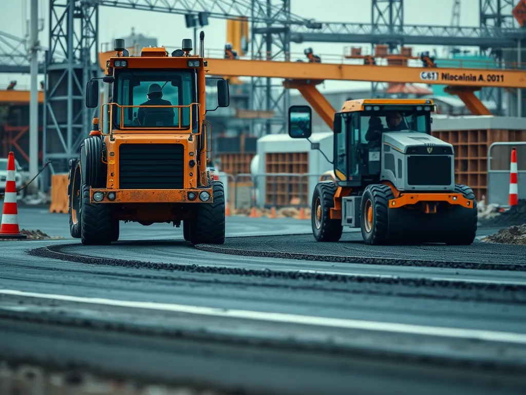 Asphalt paver at work laying down fresh asphalt on a road