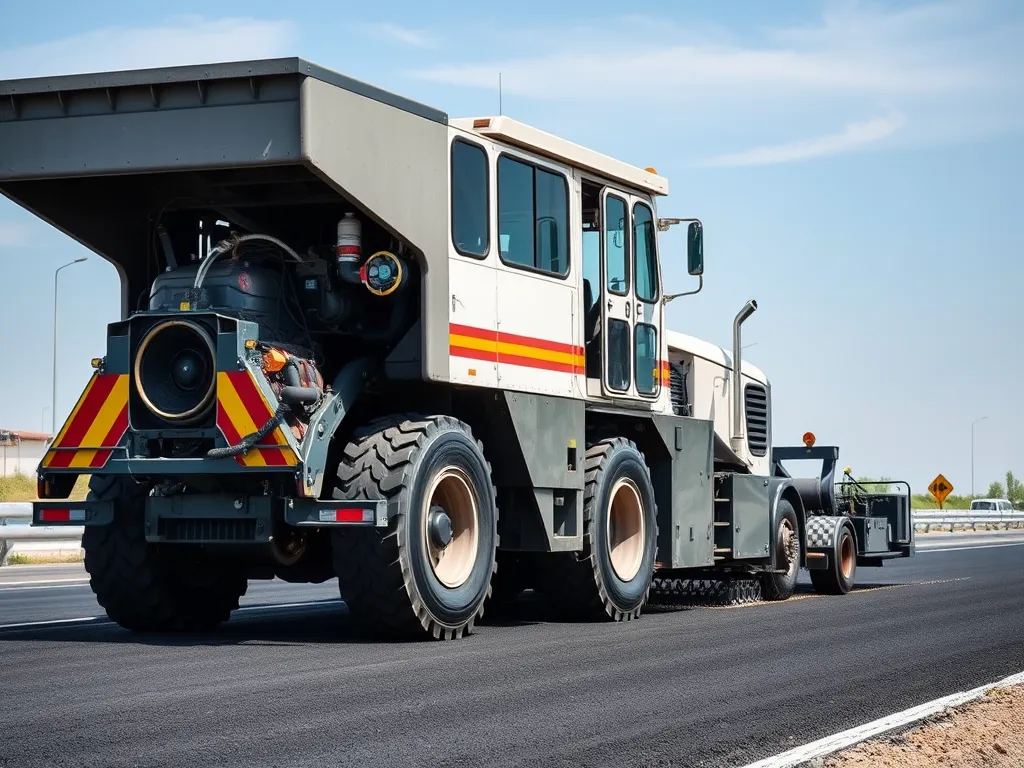 A modern asphalt paver working on a highway project, illustrating key features to consider when selecting an asphalt paver.