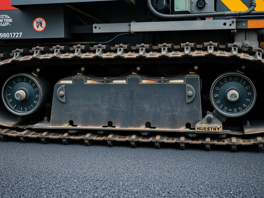 Close-up view of the tracks of an asphalt paver, showcasing how it operates during road construction.