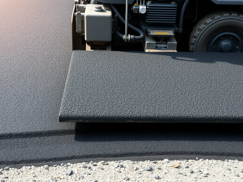 Close-up of an asphalt paver laying down fresh asphalt for road construction