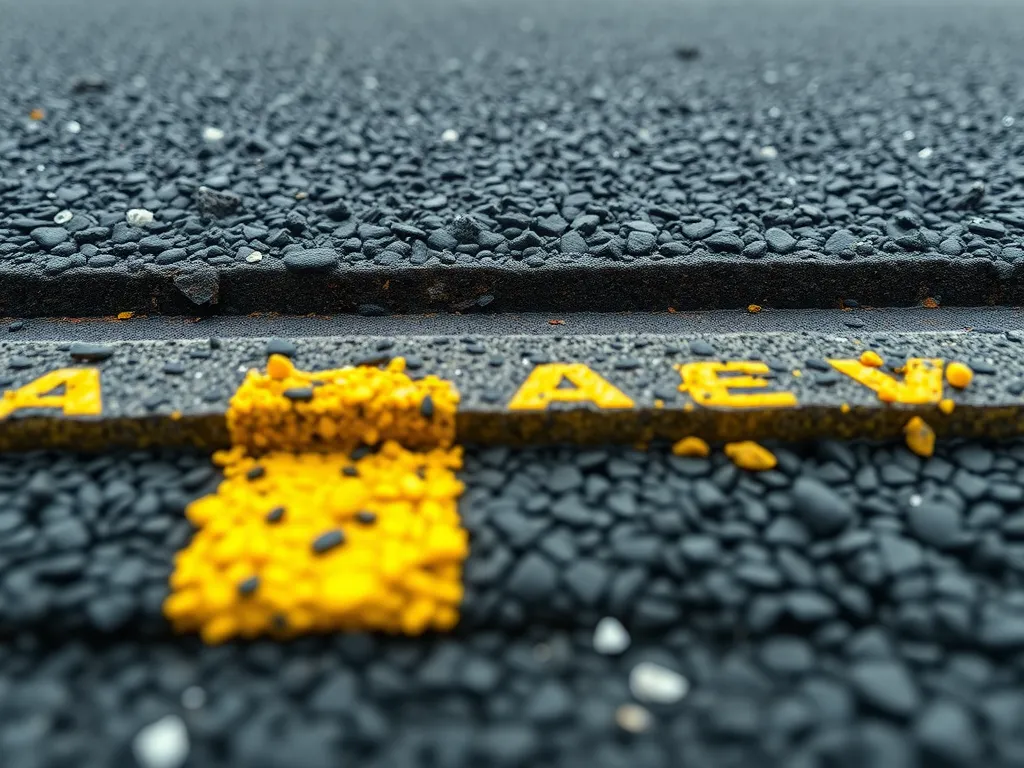 Close-up of asphalt paving with yellow road markings, demonstrating excavation strategies.