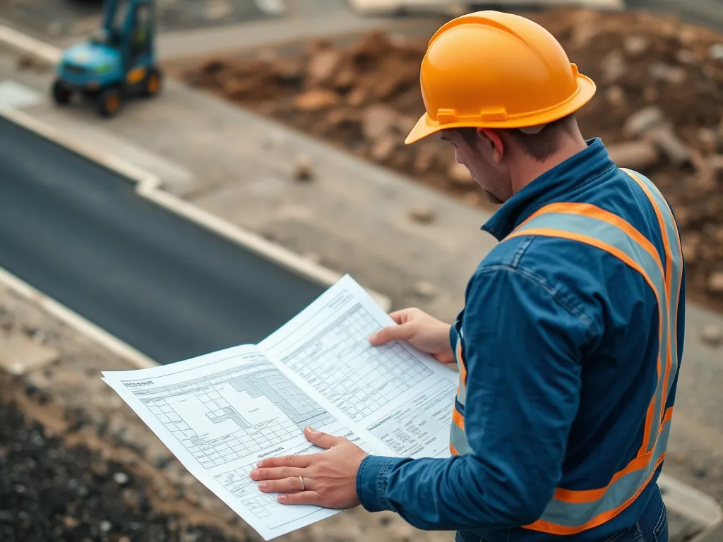 Construction worker examining asphalt paving plans for permits and regulations