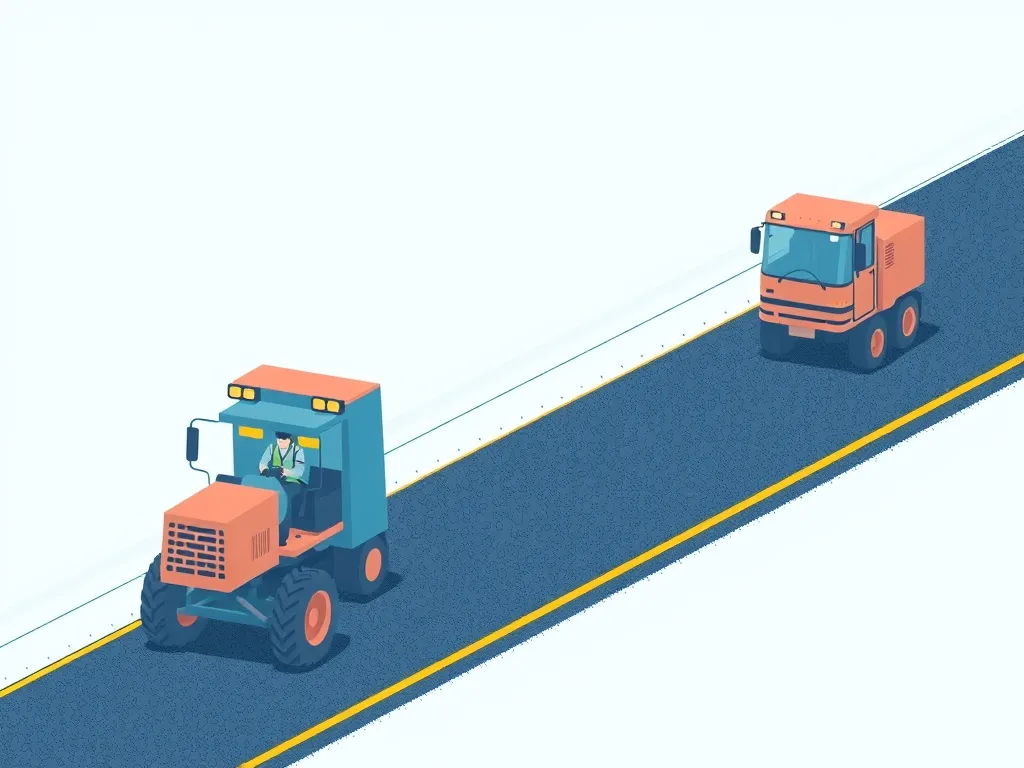 Illustration of construction vehicles involved in the asphalt paving process for roads.