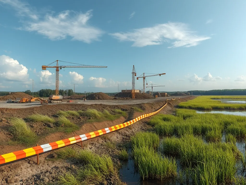 Construction site for asphalt paving with cranes and earth moving machinery.