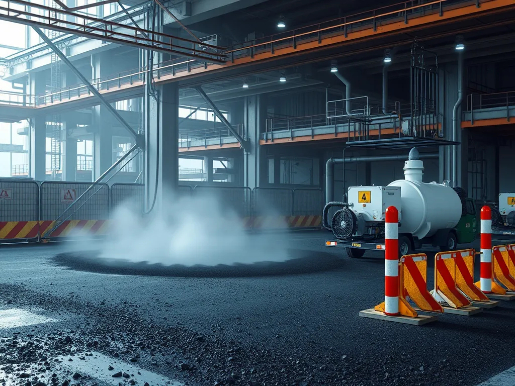 A construction site showing asphalt paving safety measures in action, highlighting improved safety protocols.