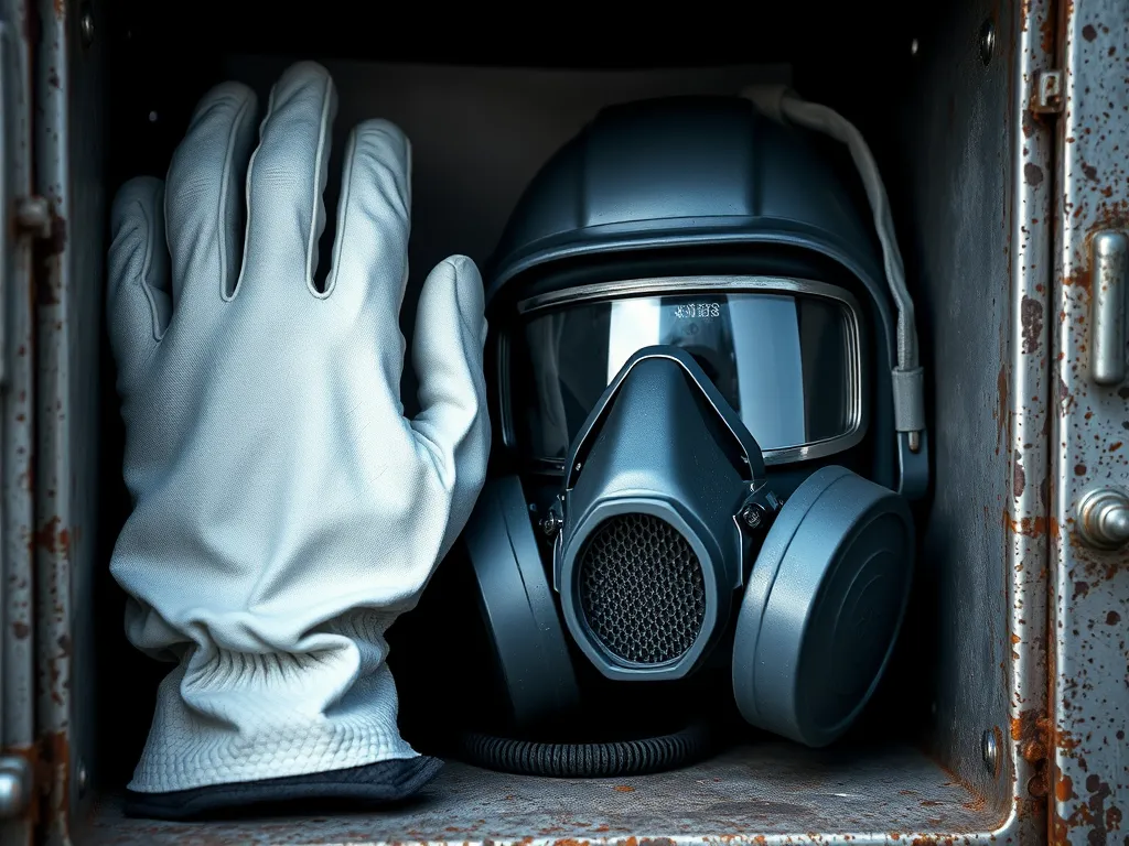 Protective gear including a gas mask and glove for safety in asphalt paving projects