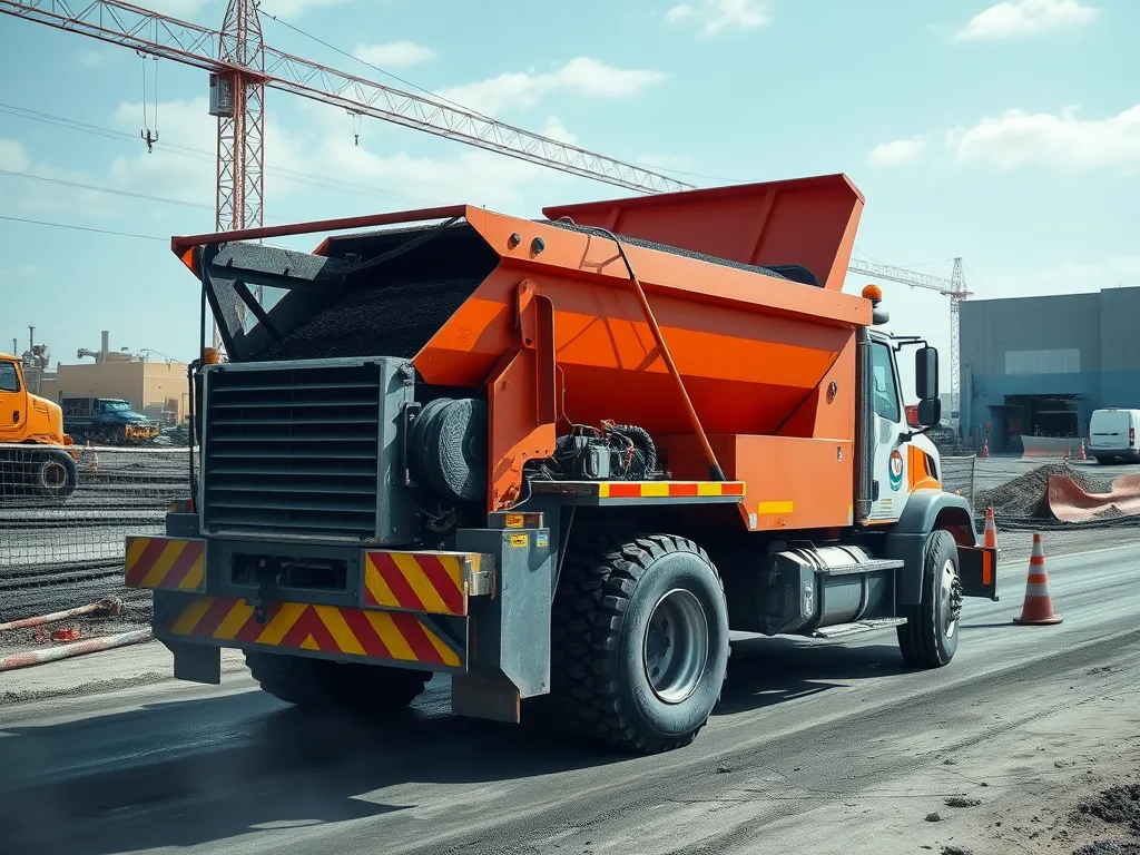 Asphalt paving truck on site, highlighting safety measures in paving projects.