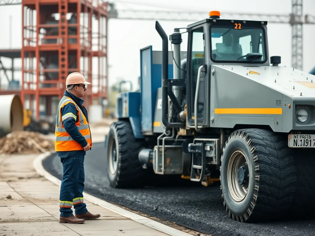 Construction worker observing asphalt paving machinery, highlighting safety in asphalt paving projects.
