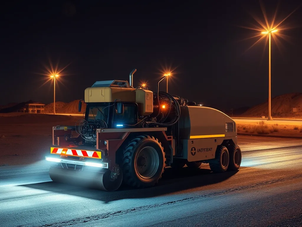 Asphalt paving machinery working at night, illustrating the impact of temperature on asphalt performance.