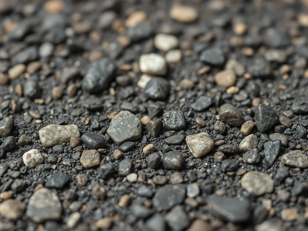 Close-up view of asphalt aggregate showing various stone sizes affecting asphalt performance