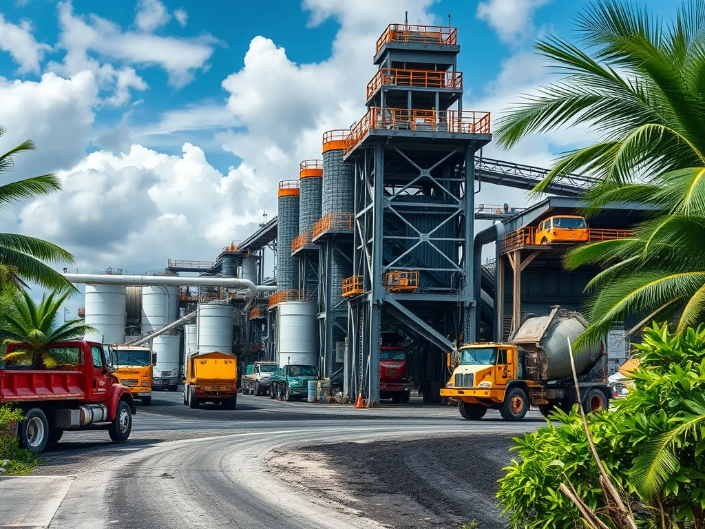 Asphalt plant facility showing equipment and vehicles during operational season