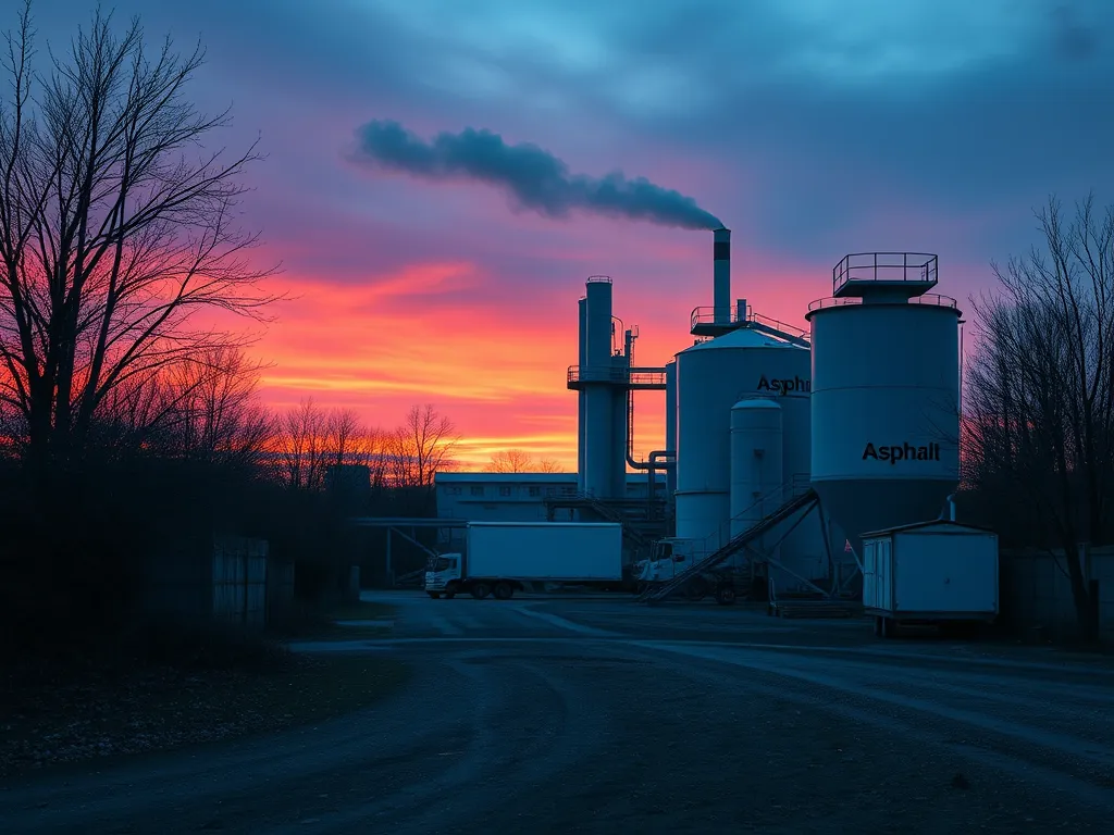 Asphalt plant at sunset marking the end of the production season