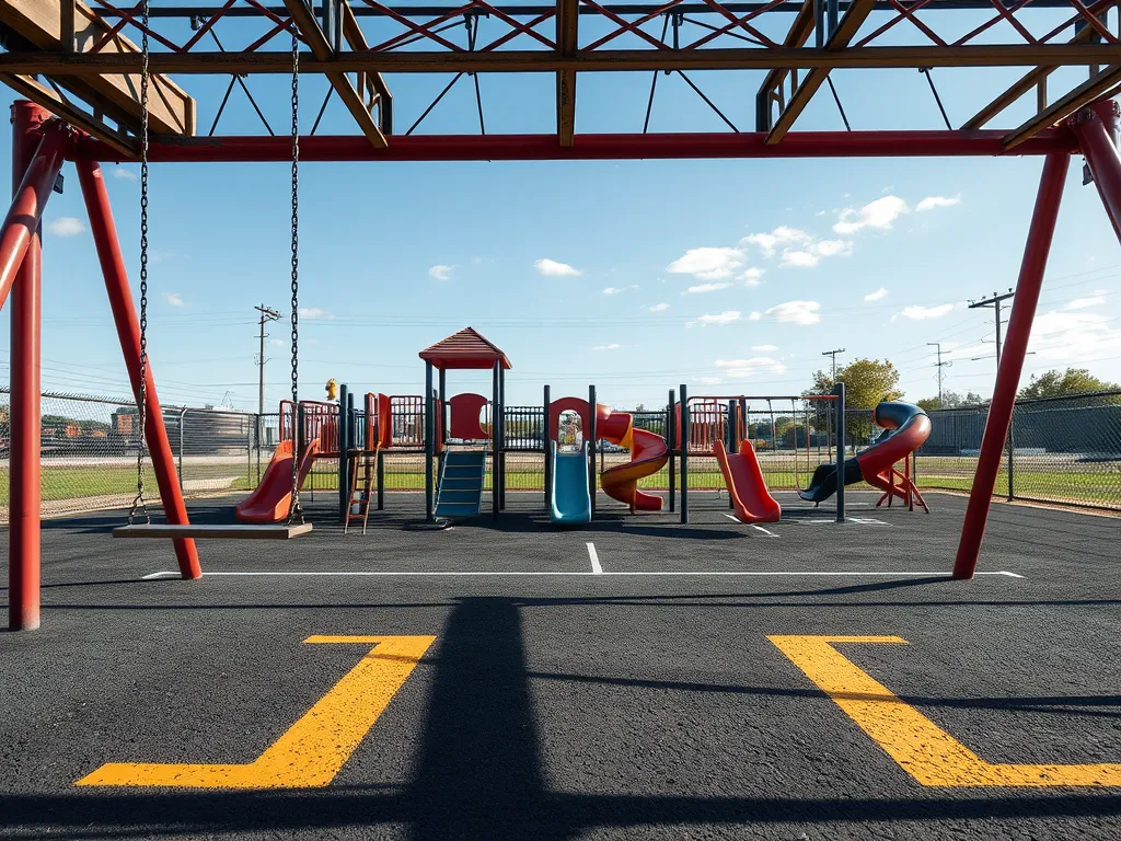 Colorful playground equipment situated on a safe asphalt surface, highlighting safety standards for playgrounds.