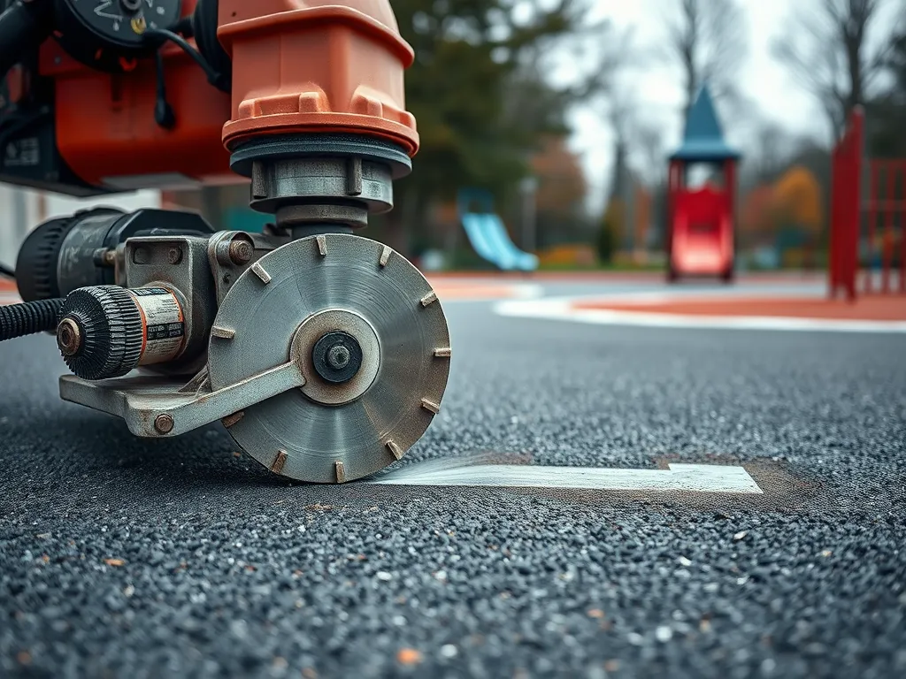 A cutting tool used on asphalt playground surfaces, highlighting safety standards for playground construction.