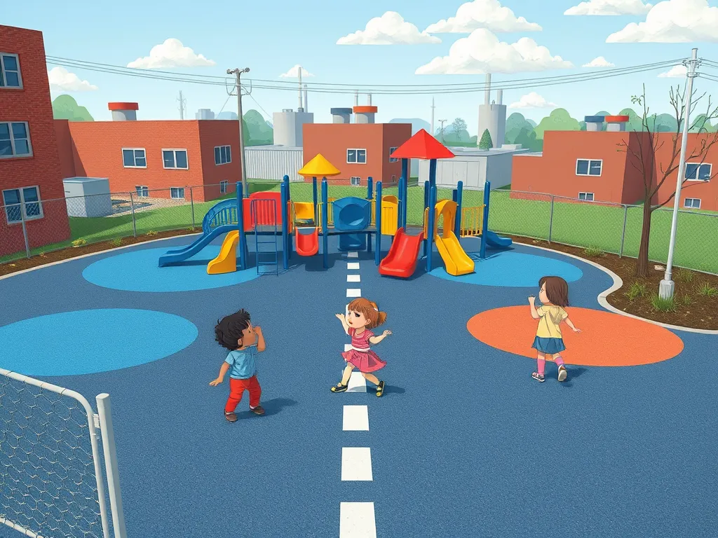 Colorful asphalt playground with children playing, promoting safety standards
