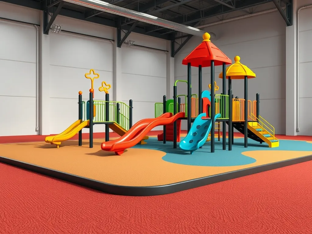 Colorful playground equipment on an asphalt surface, showcasing safety standards for playgrounds.