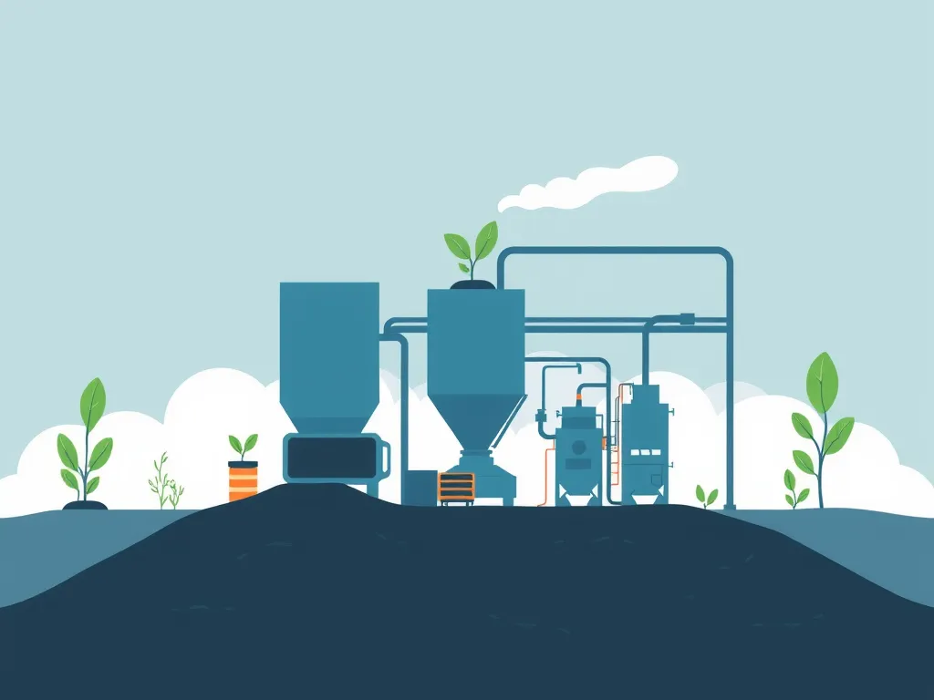 Illustration of environmentally friendly asphalt production with plants