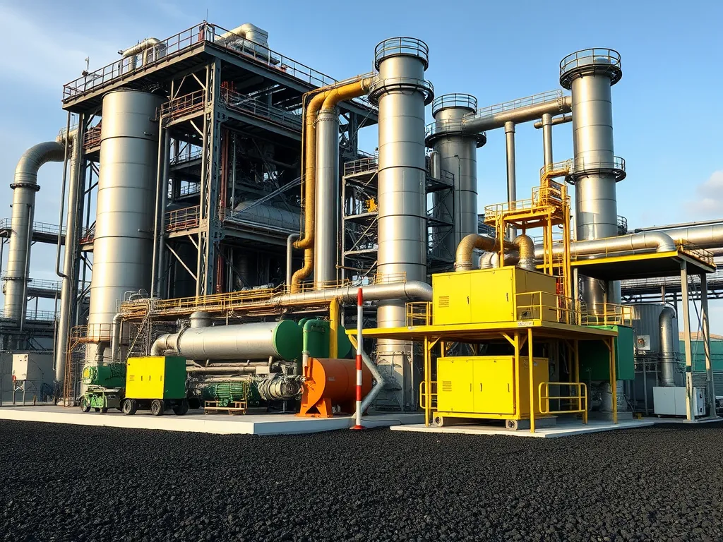 Industrial asphalt production facility focusing on environmental sustainability.