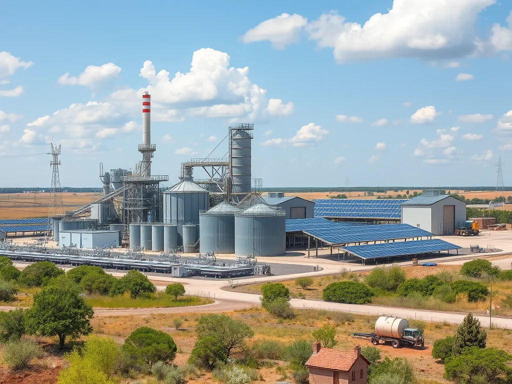Aerial view of an asphalt production facility with storage silos and solar panels, illustrating where asphalt comes from.