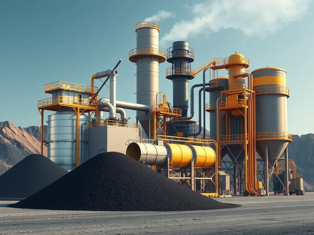 Asphalt production facility with storage silos and mixing equipment