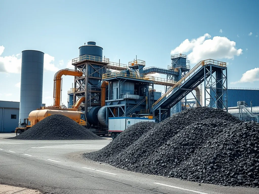 Asphalt production facility showing equipment used in the manufacturing process.