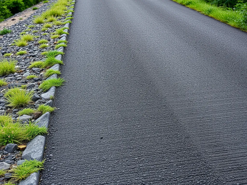 A newly paved asphalt road highlighting the raw materials used in asphalt production.