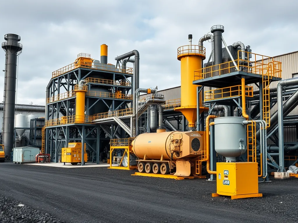 An asphalt production facility featuring machinery and equipment relevant to upcoming regulations in asphalt manufacturing.