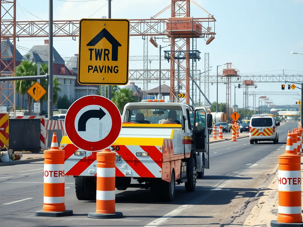 Construction area for asphalt paving with traffic signs, relevant for estimating costs for asphalt projects.