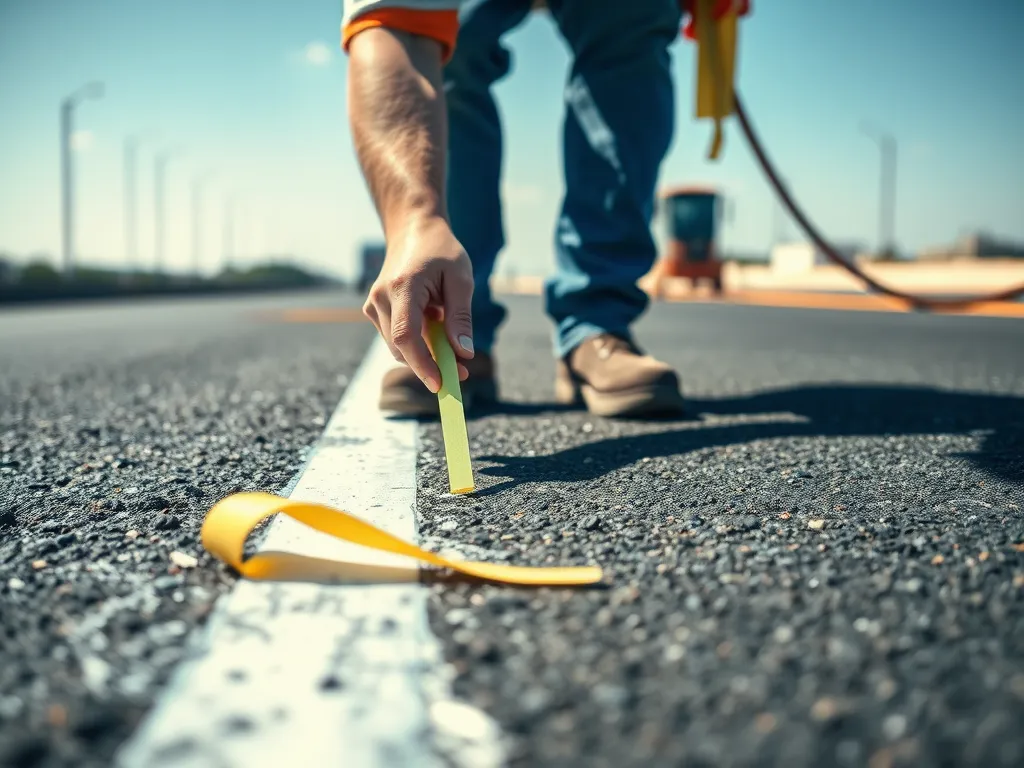 Person marking an asphalt project with yellow tape, important for outlining and planning.