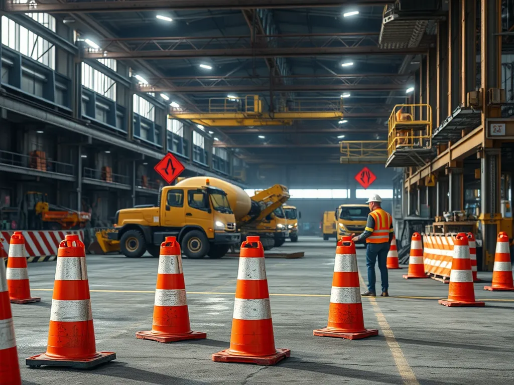 Construction worker marking asphalt project area with safety cones and equipment in a warehouse.