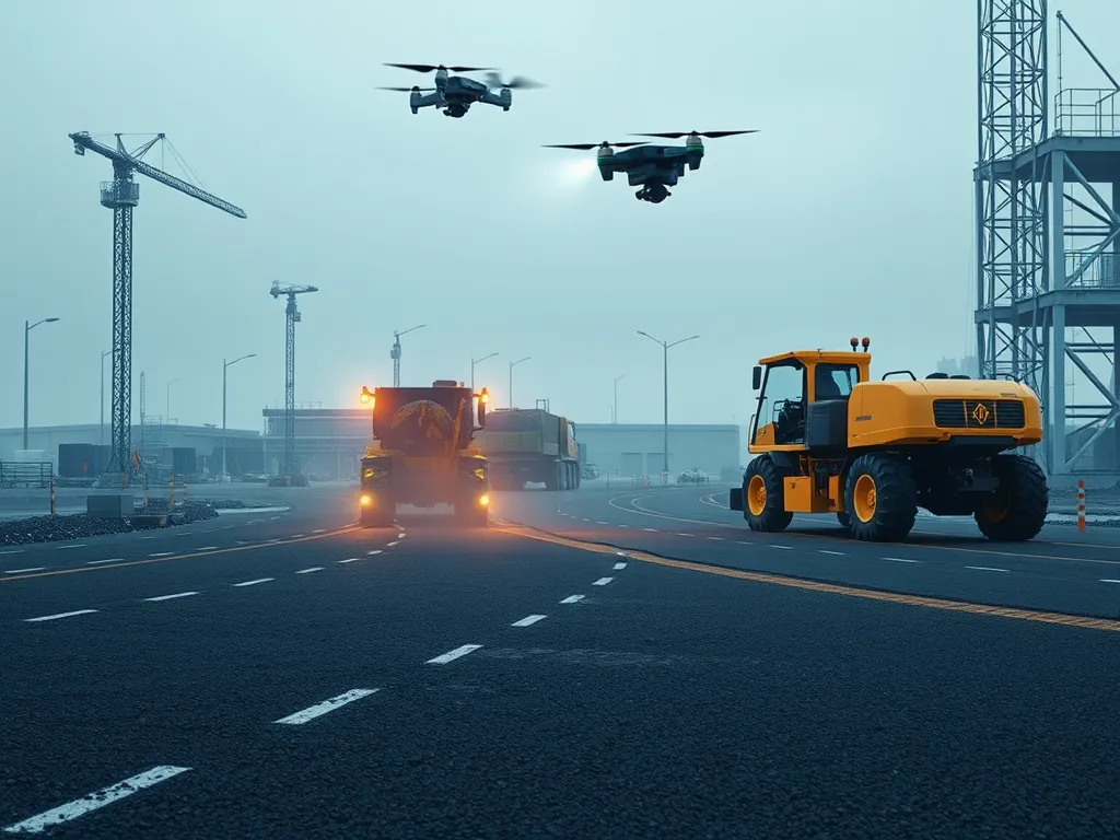 Modern innovative tools for asphalt projects, including construction vehicles and drones.