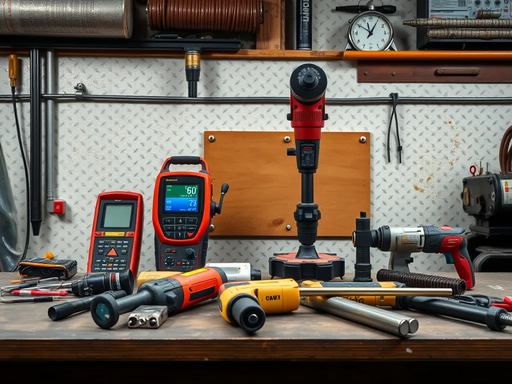 Tools for performing quality control check on asphalt installation, including measuring devices and drills.