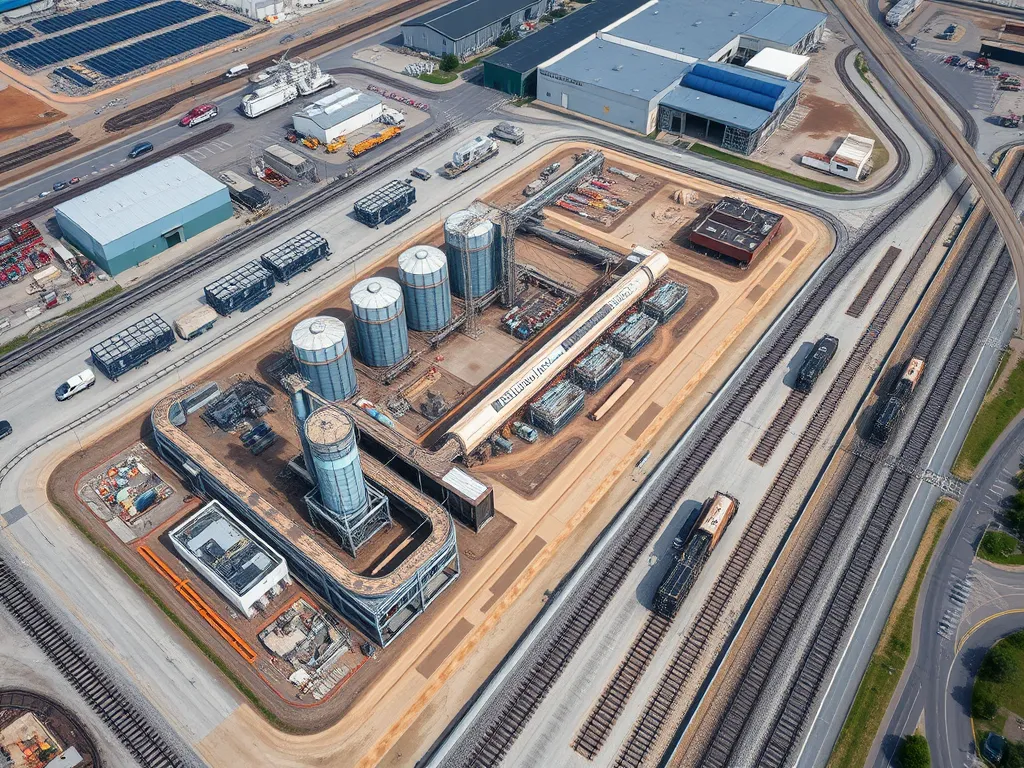 Aerial view of an asphalt raw materials sourcing facility with silos and transportation tracks