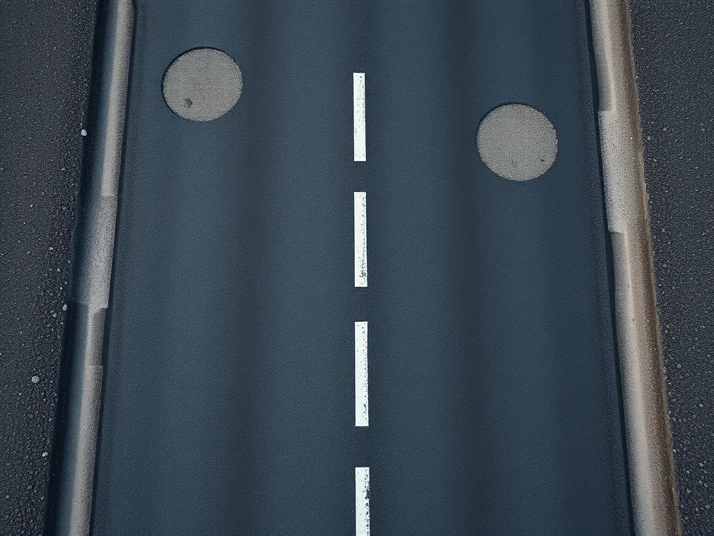 Aerial view of a newly paved asphalt road with marked lines and construction patches, highlighting transportation infrastructure.