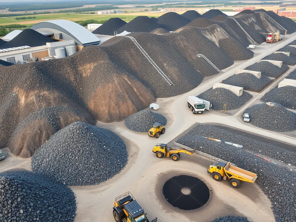 Aerial view of asphalt recycling facility showcasing recycled asphalt piles and machinery.
