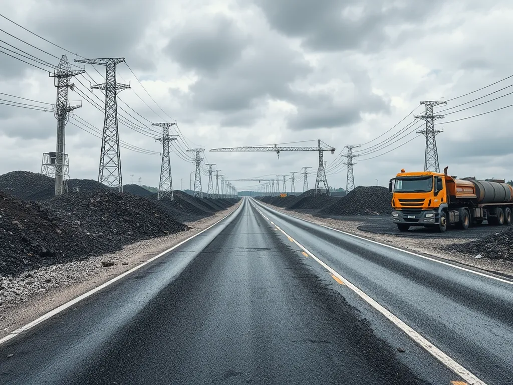 Image showcasing an asphalt recycling process with trucks and materials along a road.