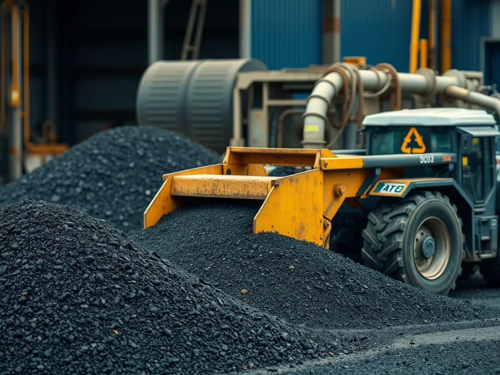 Heavy machinery loading recycled asphalt materials for production.