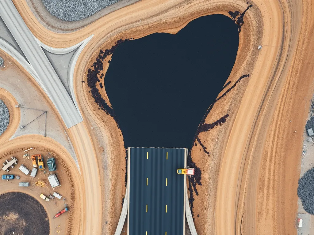 Aerial view of asphalt recycling methods showing a roadway under construction.