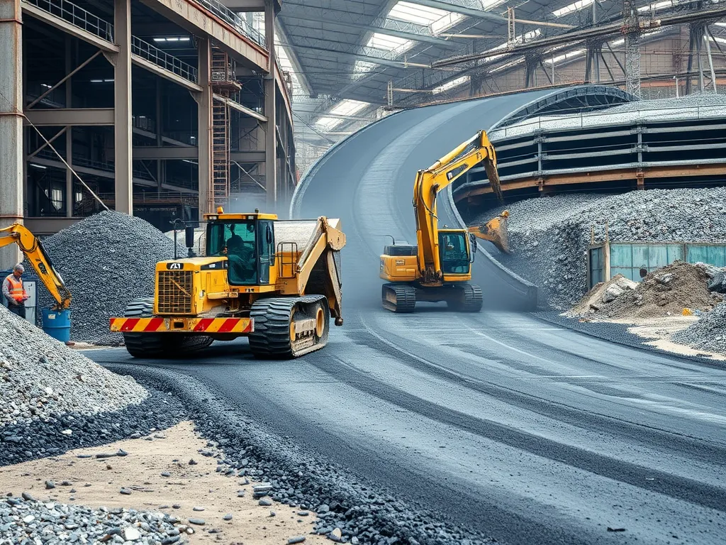 Heavy machinery operating in an asphalt recycling plant, illustrating the recycling process of asphalt.