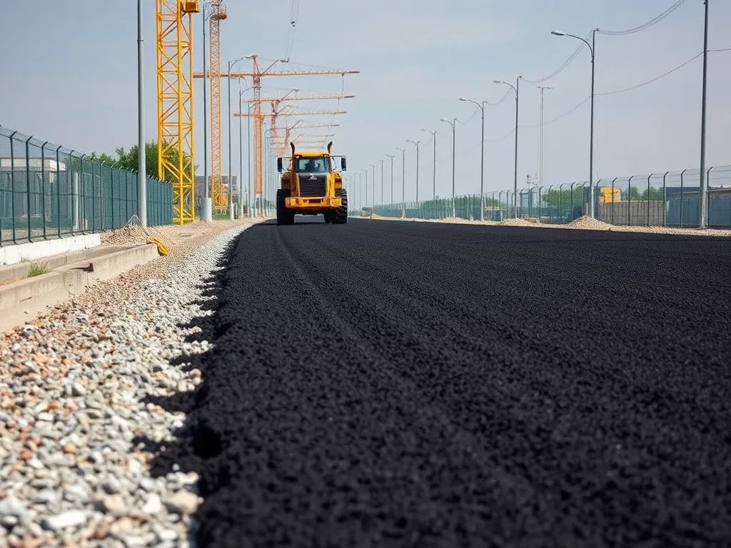 Heavy machinery laying newly recycled asphalt on a road, highlighting the impact of regulations on asphalt recycling.