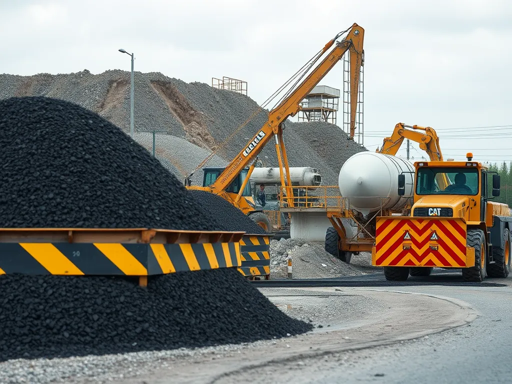 Heavy machinery at an asphalt recycling facility processing materials.