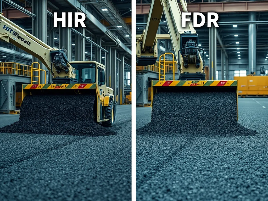 Comparison of Hot In-Place Recycling and Full Depth Recycling equipment in asphalt recycling technology.